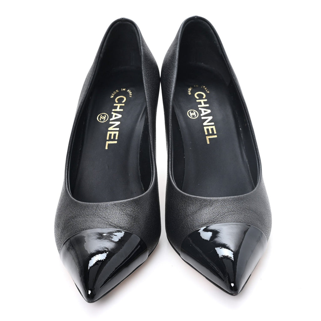 Goatskin Patent Calfskin Cap Toe CC Pearl Pumps 38 Black