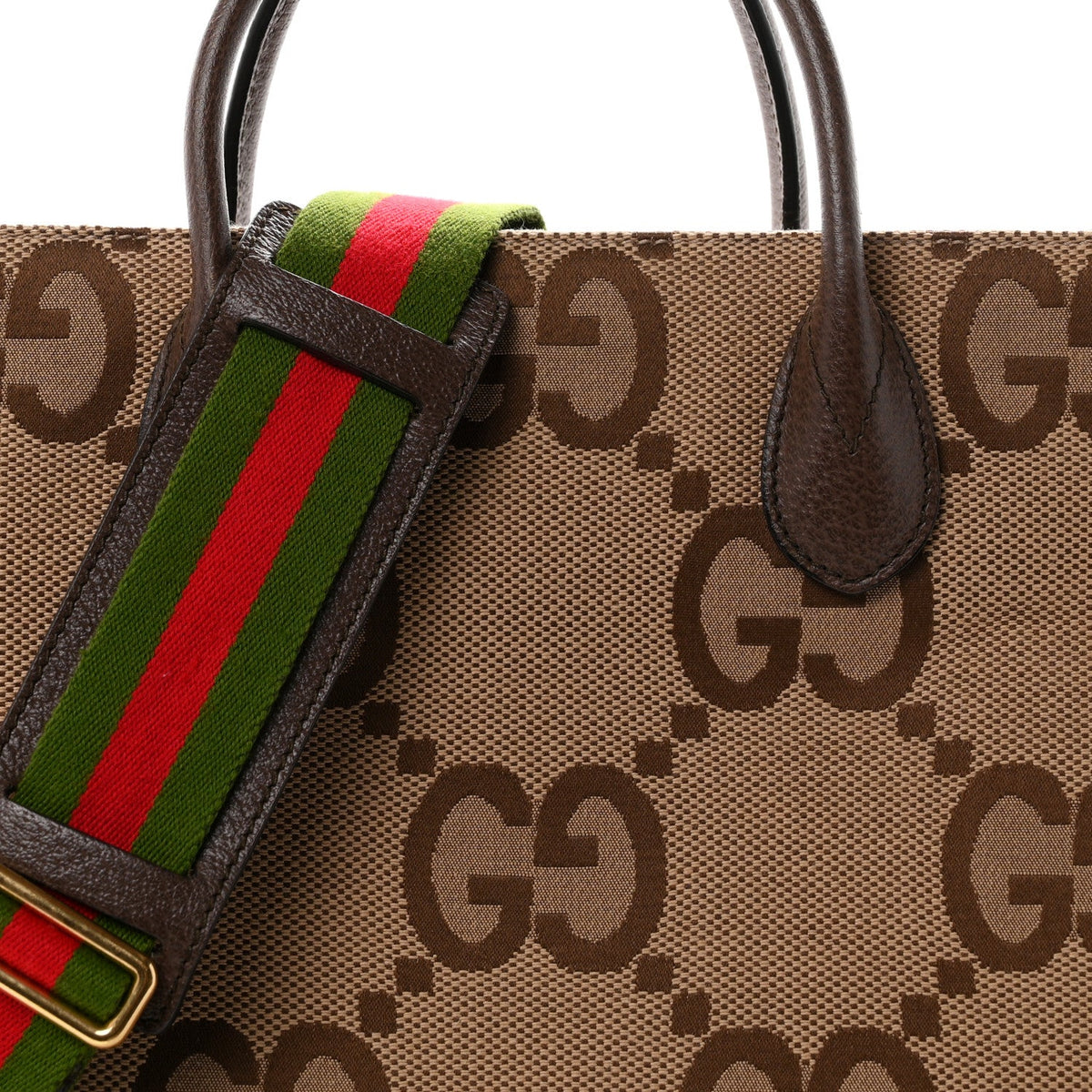 Monogram Jumbo GG Textured Dollar Calfskin Web Tote Bag Camel Ebony New Acero