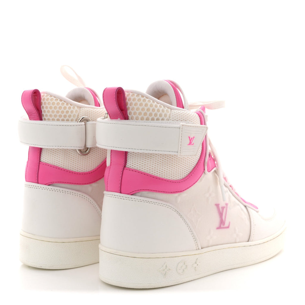 Calfskin Nylon Mesh Monogram Womens Boombox High Top Sneakers 39 White Pink
