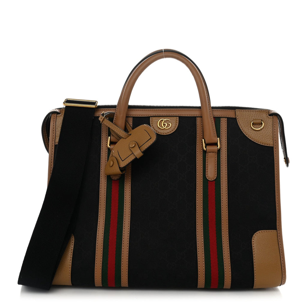 Monogram Textured Dollar Calfskin Web XL Bauletto Duffle Top Handle Bag Black Koi Beige