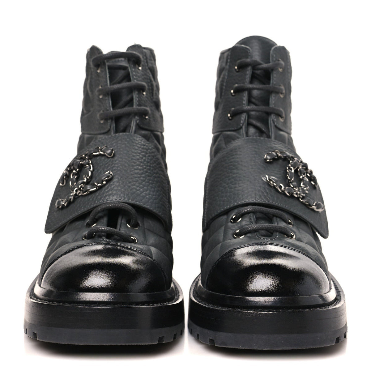 Calfskin Shiny Calfskin Quilted Lace Up Combat Boots 36 Dark Grey Black