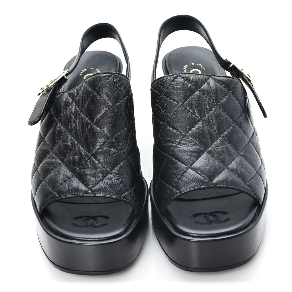 Lambskin Quilted Peep Toe Wedge Sandals 38 Black