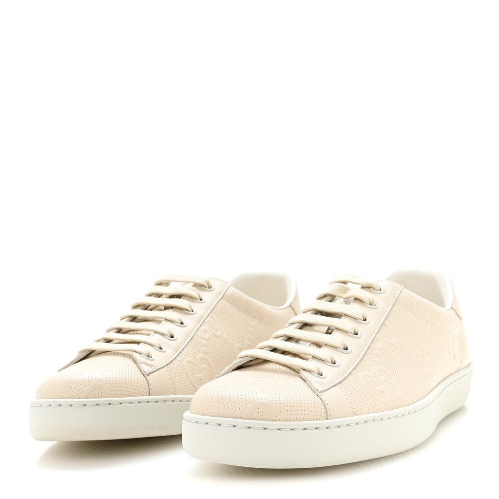 Calfskin GG Tennis Embossed Mens Ace Sneakers 8 Mystic White