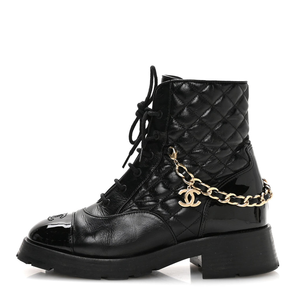 Shiny Calfskin Patent Quilted Chain Lace Up Combat Boots 40.5 Black