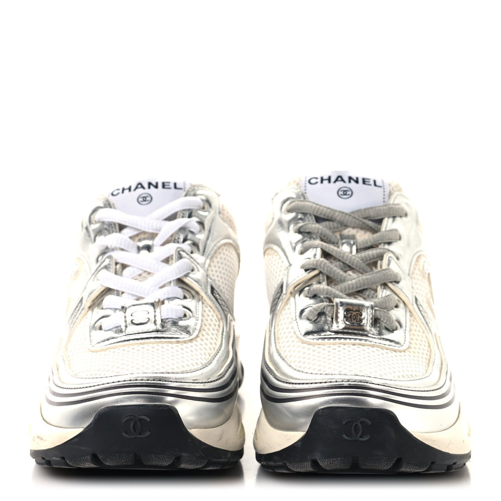 Fabric Laminated Calfskin Stretch CC Womens Sneakers 36 White Silver