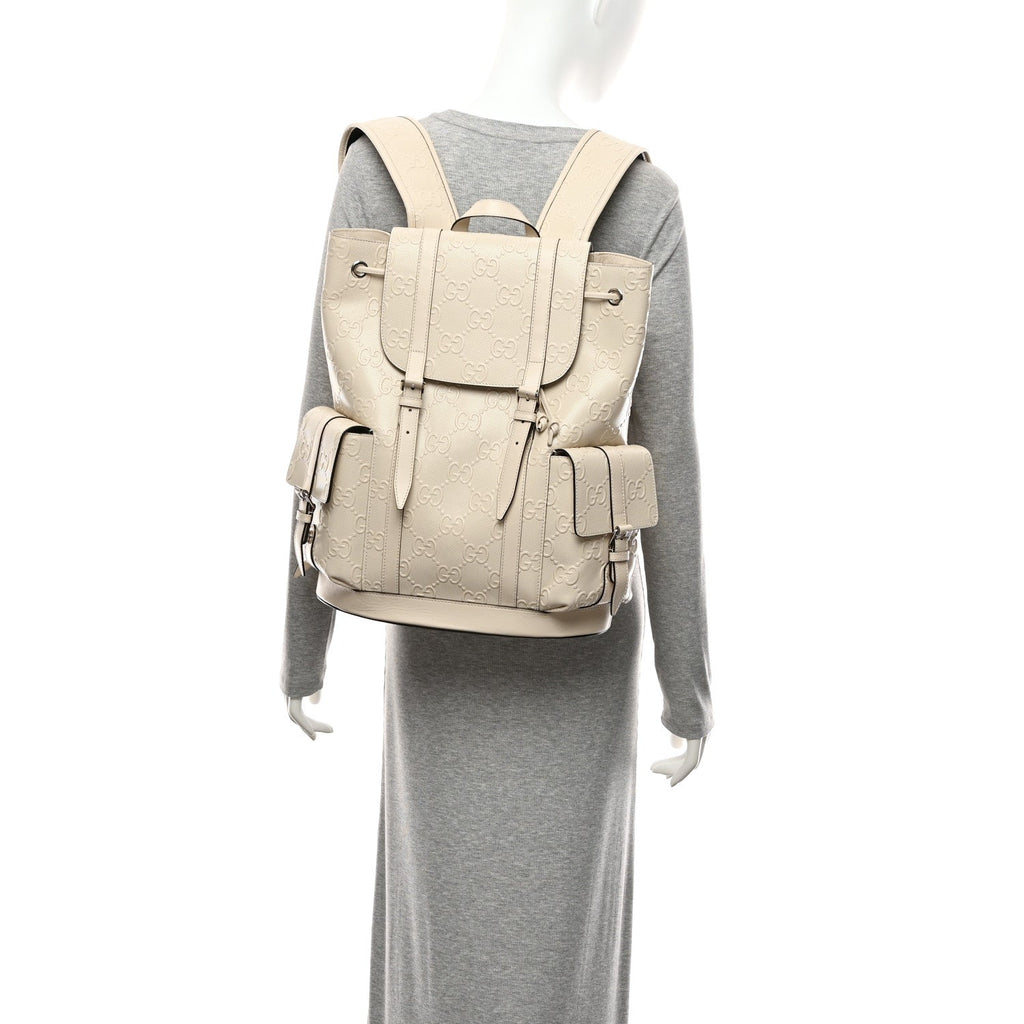 Piuma Calfskin Jumbo GG Embossed Double Buckle Backpack Mystic White