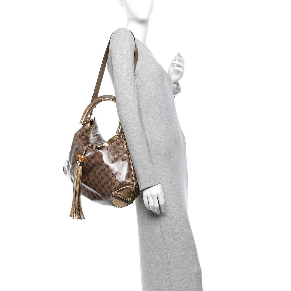 Crystal Monogram Metallic Calfskin Large Indy Top Handle Bag Beige Ebony Gold