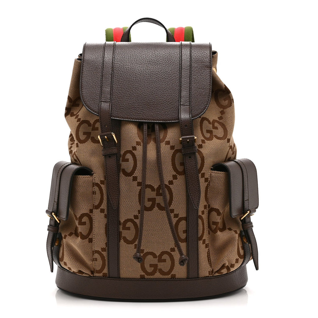 Monogram Jumbo GG Textured Dollar Calfskin Web Double Buckle Backpack Camel Ebony New Acero