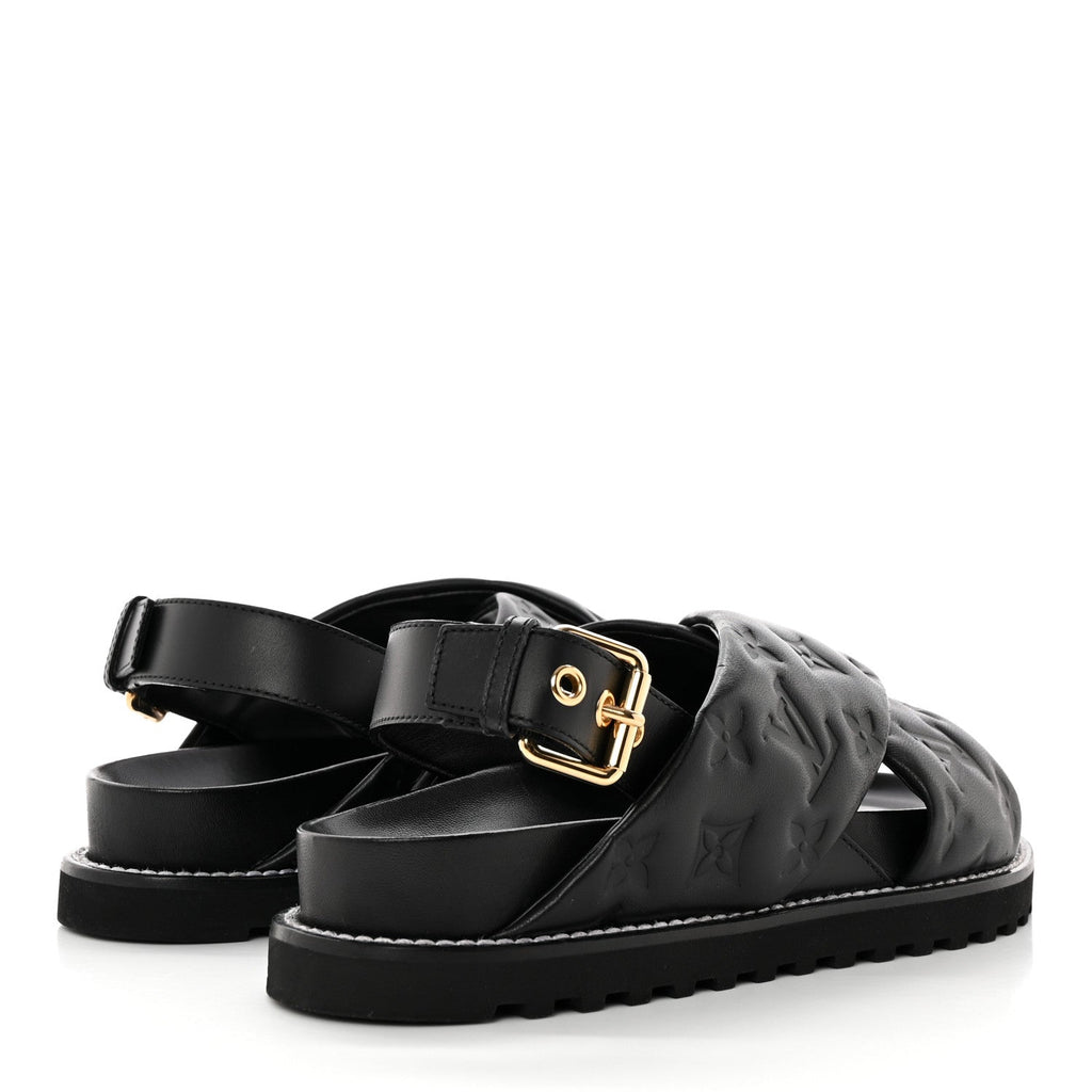 Lambskin Monogram Embossed Paseo Flat Comfort Sandals 39 Black
