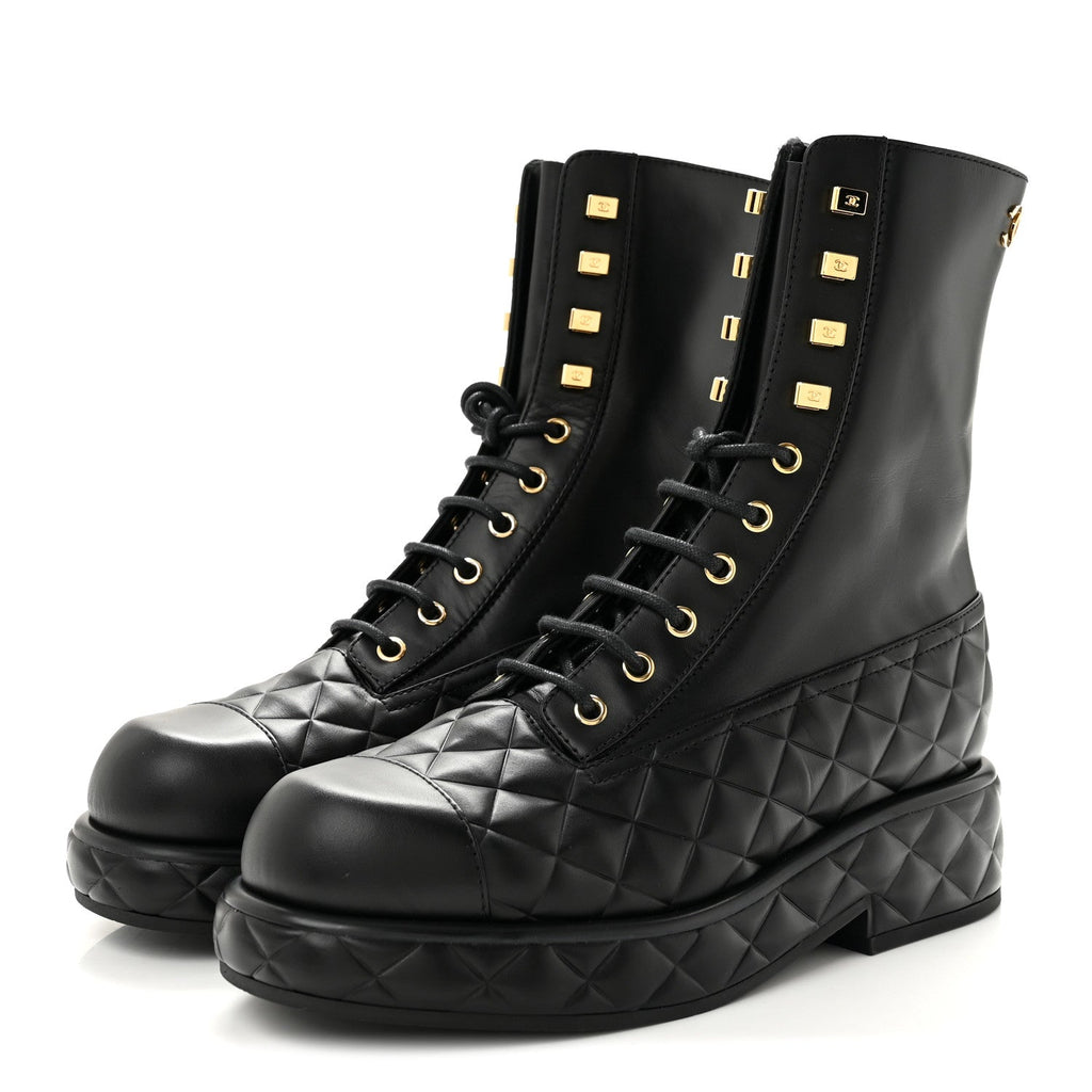 Calfskin Quilted Lace Up Combat Boots 38 Black