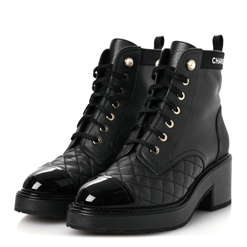 Pearly Calfskin Patent Calfskin Lace Up Combat Boots 38 Black