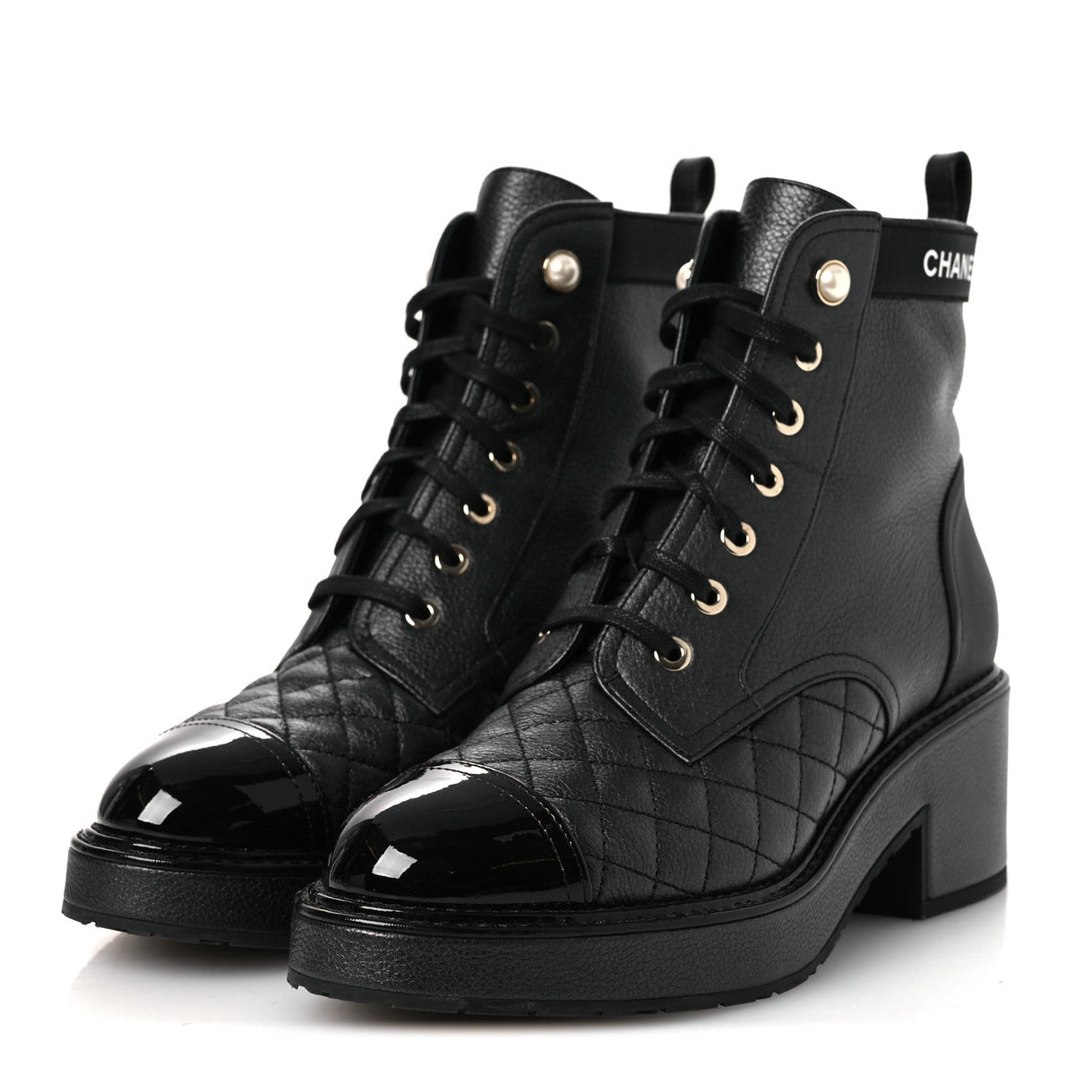 Pearly Calfskin Patent Calfskin Lace Up Combat Boots 38 Black