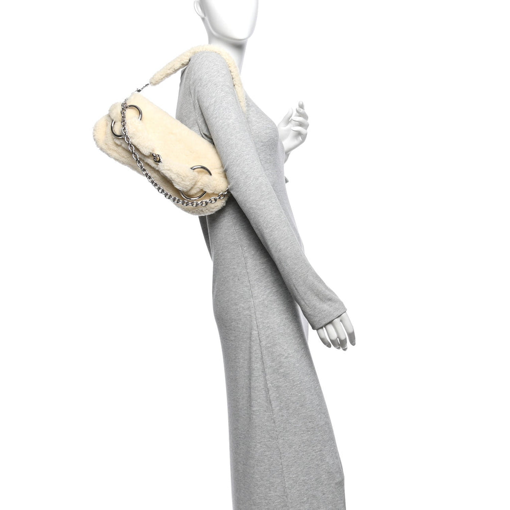 Merino Wool Medium Maxi Horsebit Chain Shoulder Bag Off White