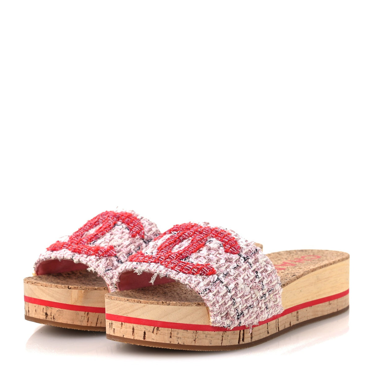 Tweed Lambskin Cork CC Mule Sandals 36 Pink Red