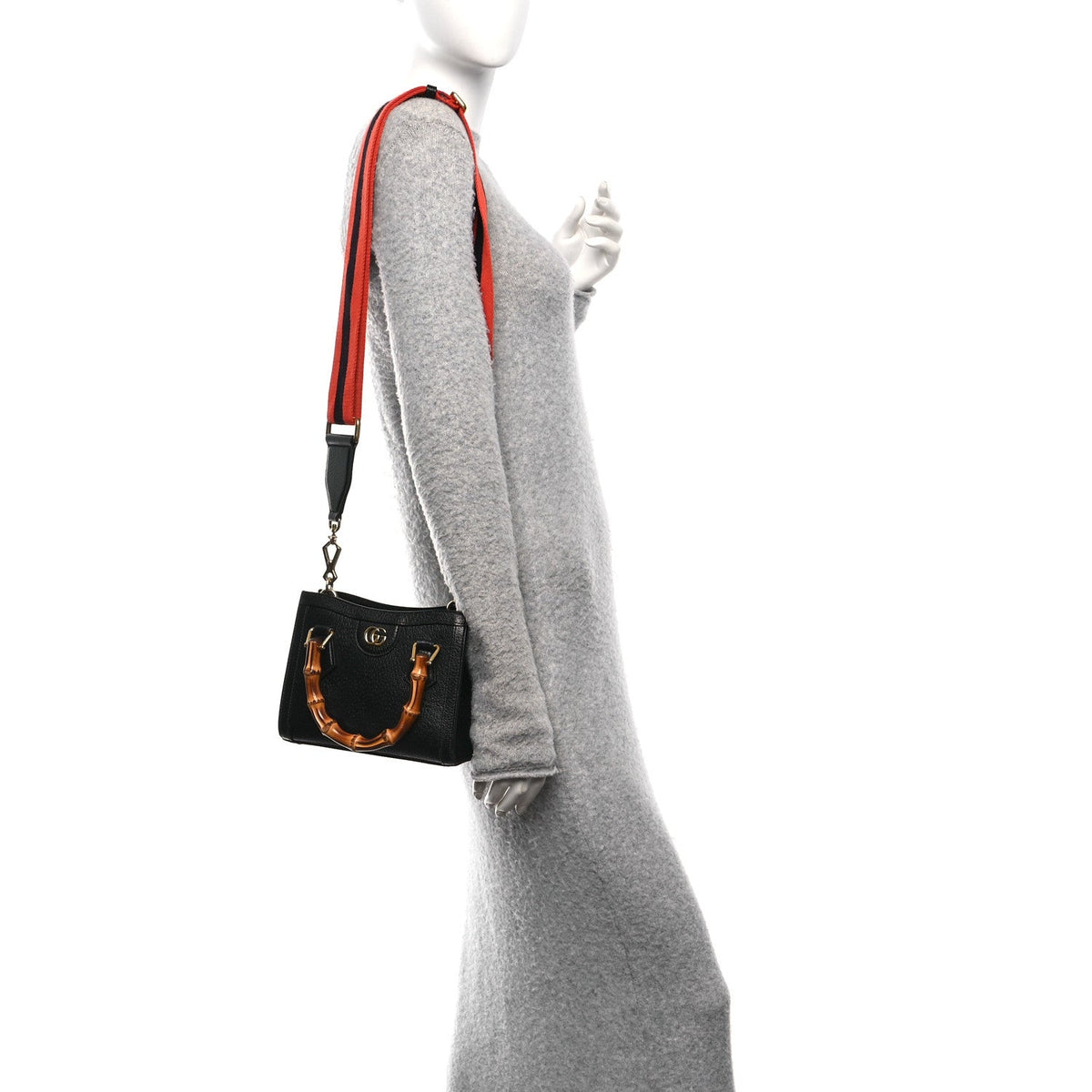 Textured Dollar Calfskin Web Mini Diana Tote Bag Black Dusty Grey