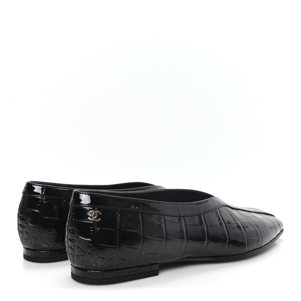 Crocodile Embossed Patent Calfskin Ballet Flats 36.5 Black