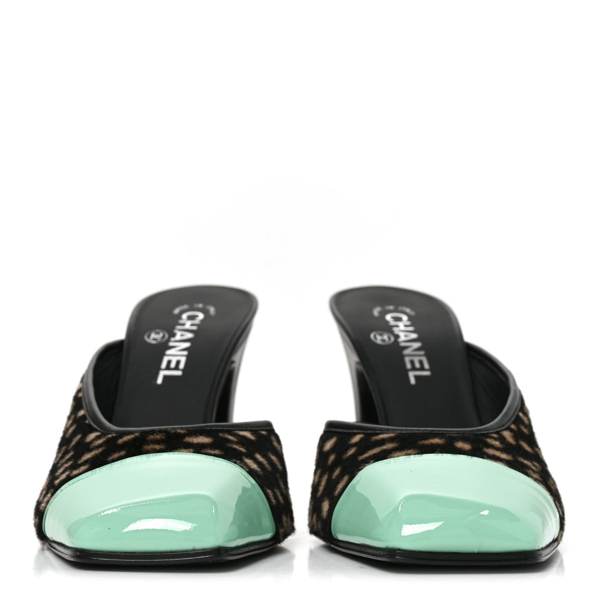 Pony Hair Lambskin Patent Calfskin Cap Toe Mules 39 Black White Green