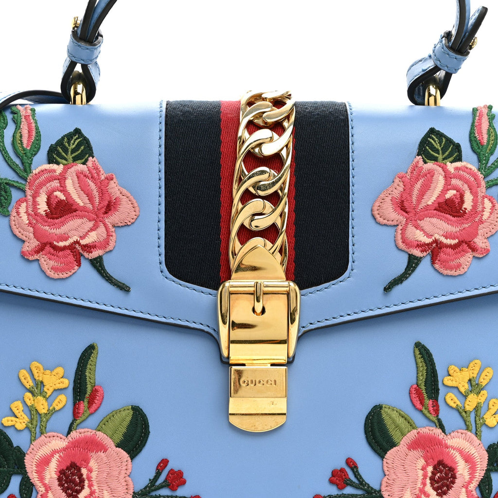 Calfskin Embroidered Medium Sylvie Top Handle Bag Clear Sky Blue