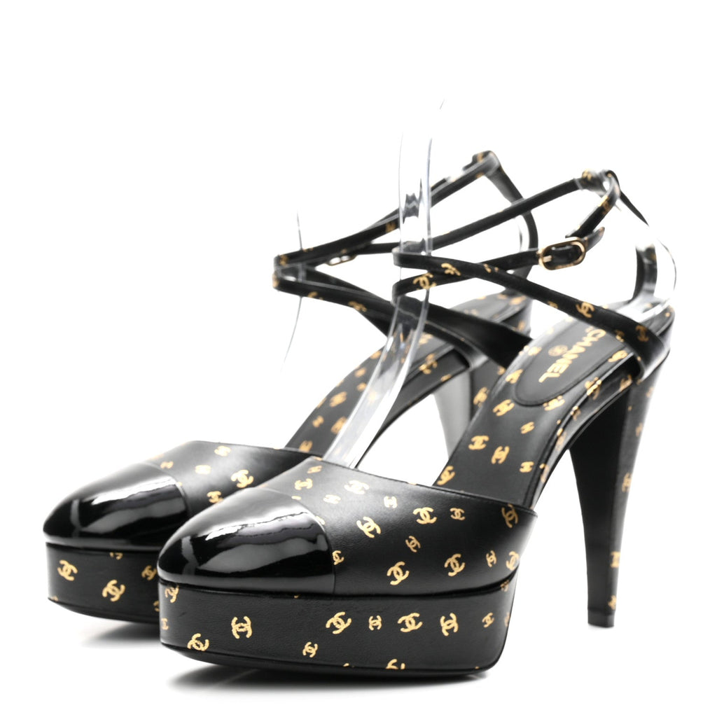Printed Lambskin Patent Calfskin CC Platform Pumps 39.5 Black Gold