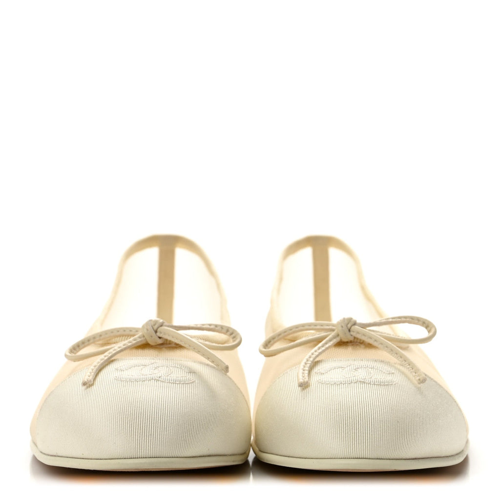 Mesh Grosgrain Cap Toe Ballerina Flats 38 Ivory
