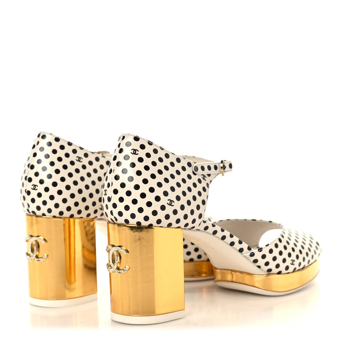 Printed Calfskin Polka Dot CC Platform Sandals 36.5 Ivory Black