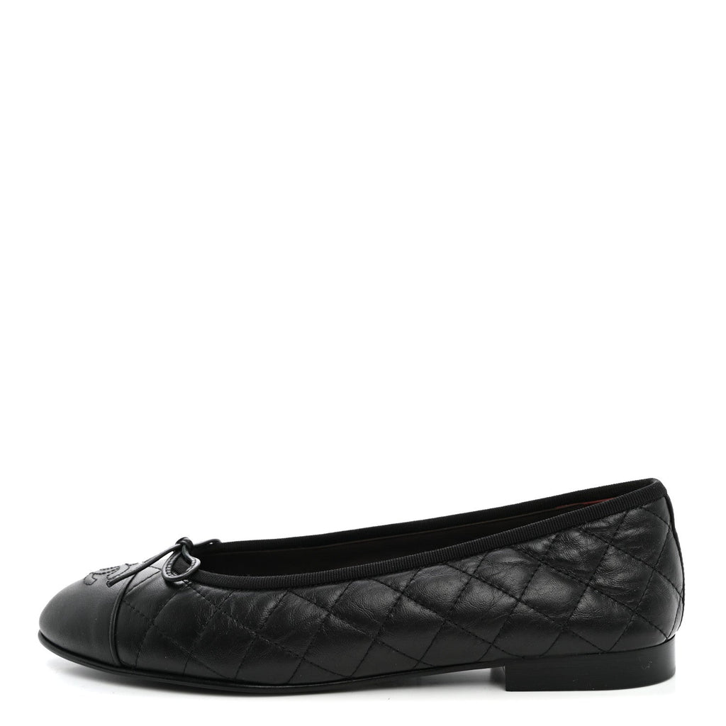 Aged Calfskin Quilted CC Cap Toe Ballerina Flats 41 Black