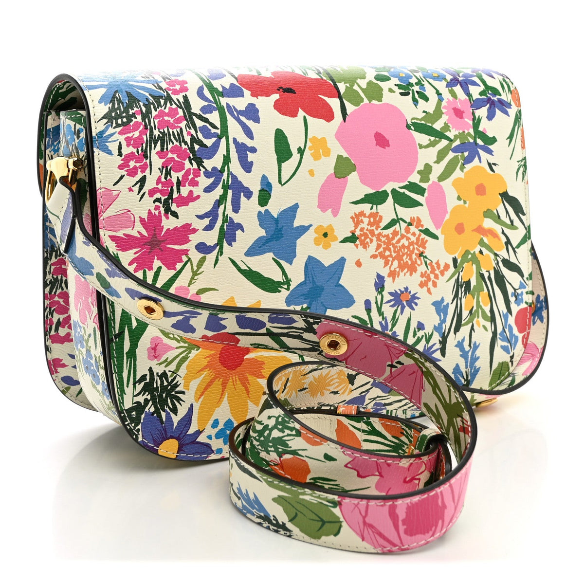 X KEN SCOTT New Shangai Calfskin Jardin D'Avril Floral Print Horsebit 1955 Shoulder Bag Ivory Pink Wild Rose