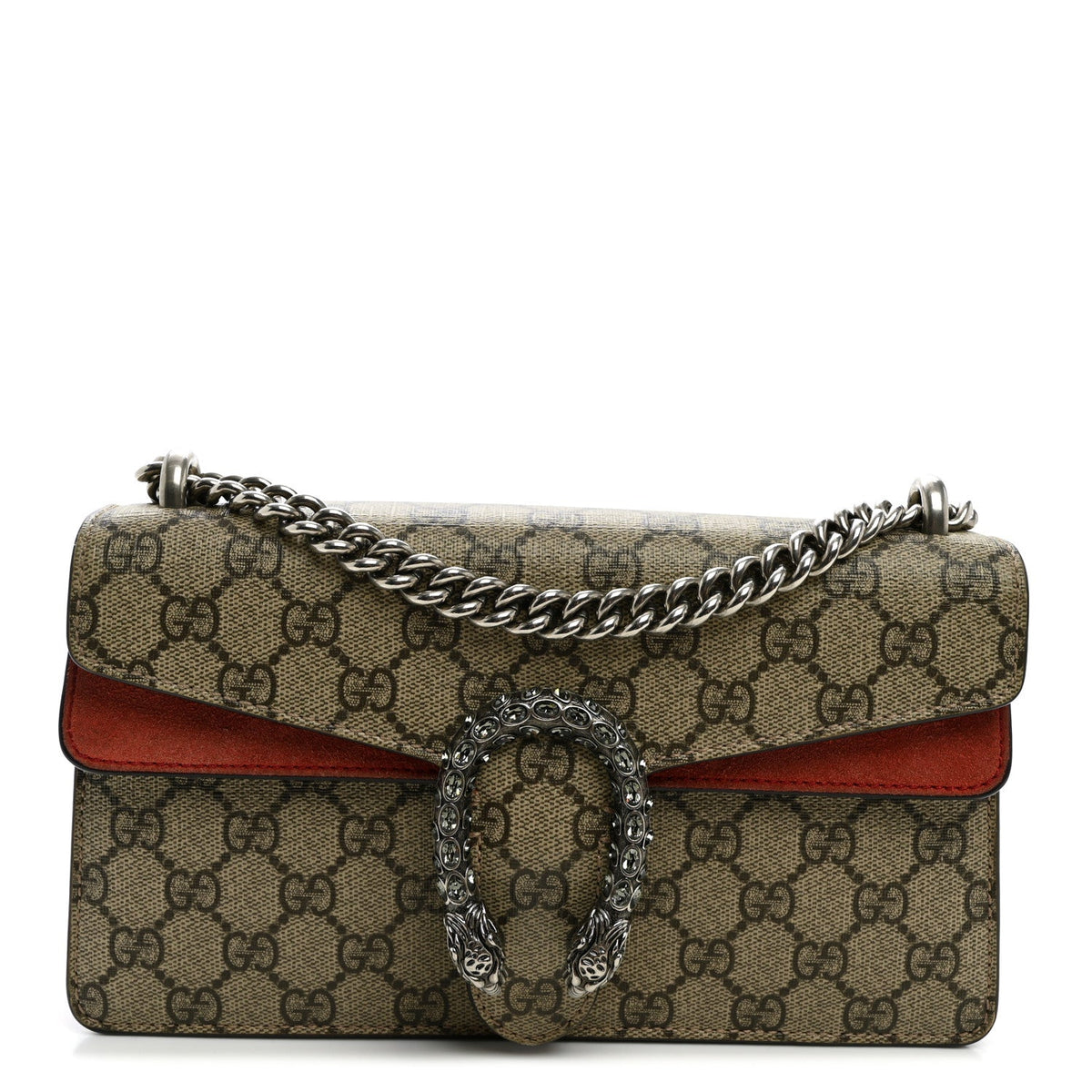 GG Supreme Monogram Suede Crystal Small Dionysus Shoulder Bag Beige Ebony Vulcanic Red
