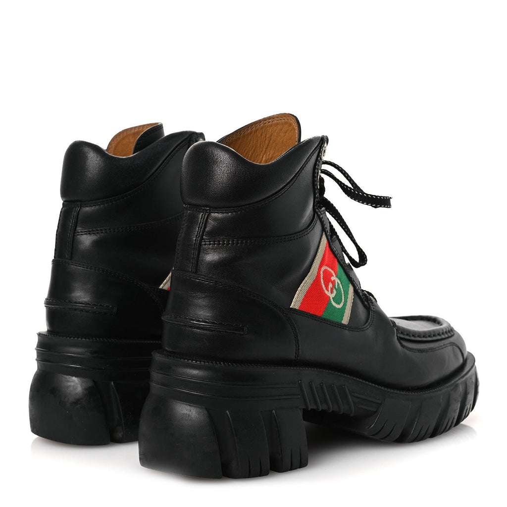 Quebec Calfskin Web Womens Interlocking G Lace Up Combat Boots 38 Black Mystic White Green Red