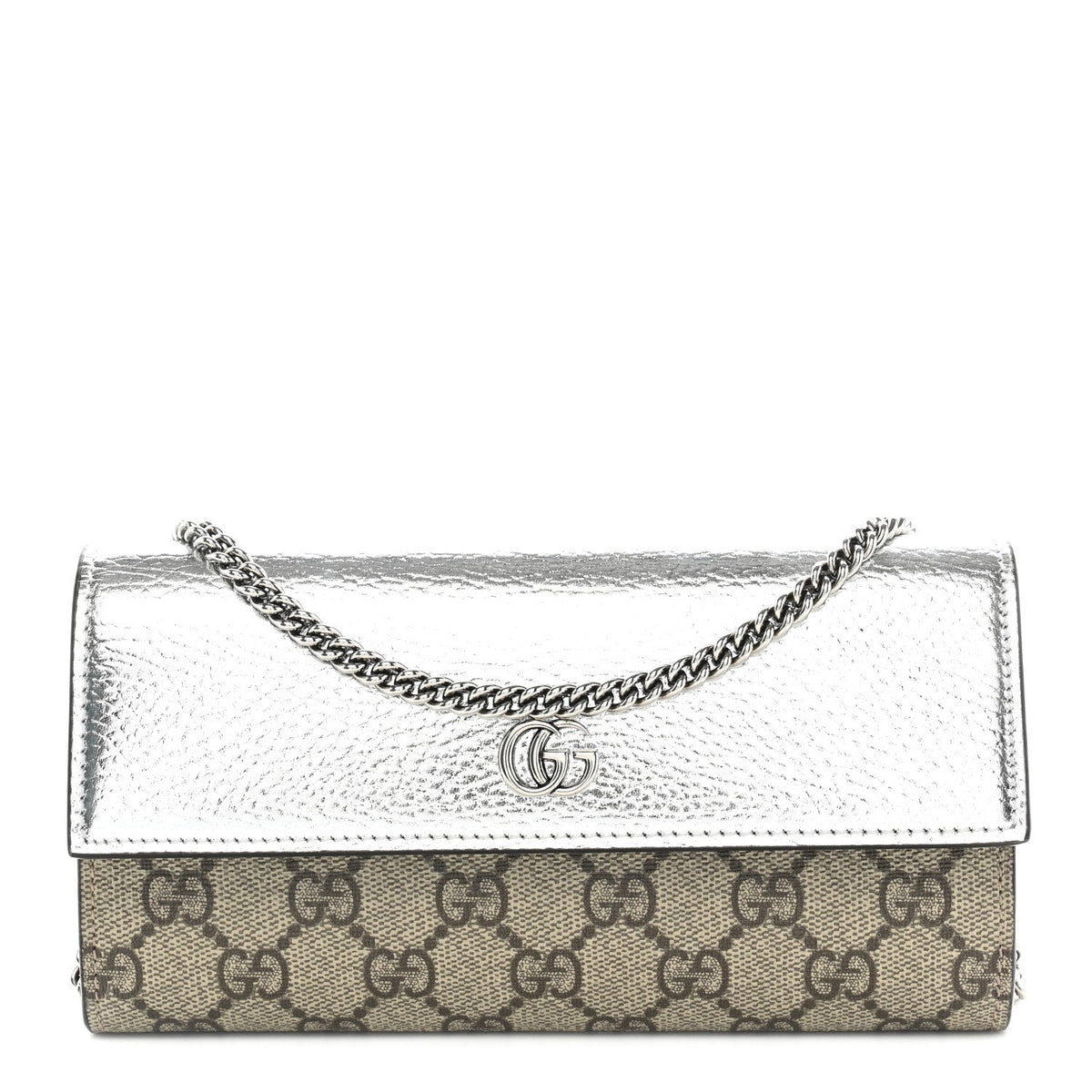 Metallic Calfskin GG Supreme Monogram Petite GG Marmont Wallet Chain Bag Silver Beige Ebony