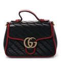 Vintage Effect Calfskin Matelasse Diagonal Mini Torchon GG Marmont Top Handle Shoulder Bag Black Romantic Cherry