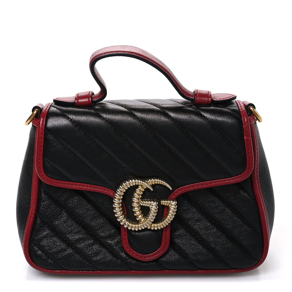 Vintage Effect Calfskin Matelasse Diagonal Mini Torchon GG Marmont Top Handle Shoulder Bag Black Romantic Cherry