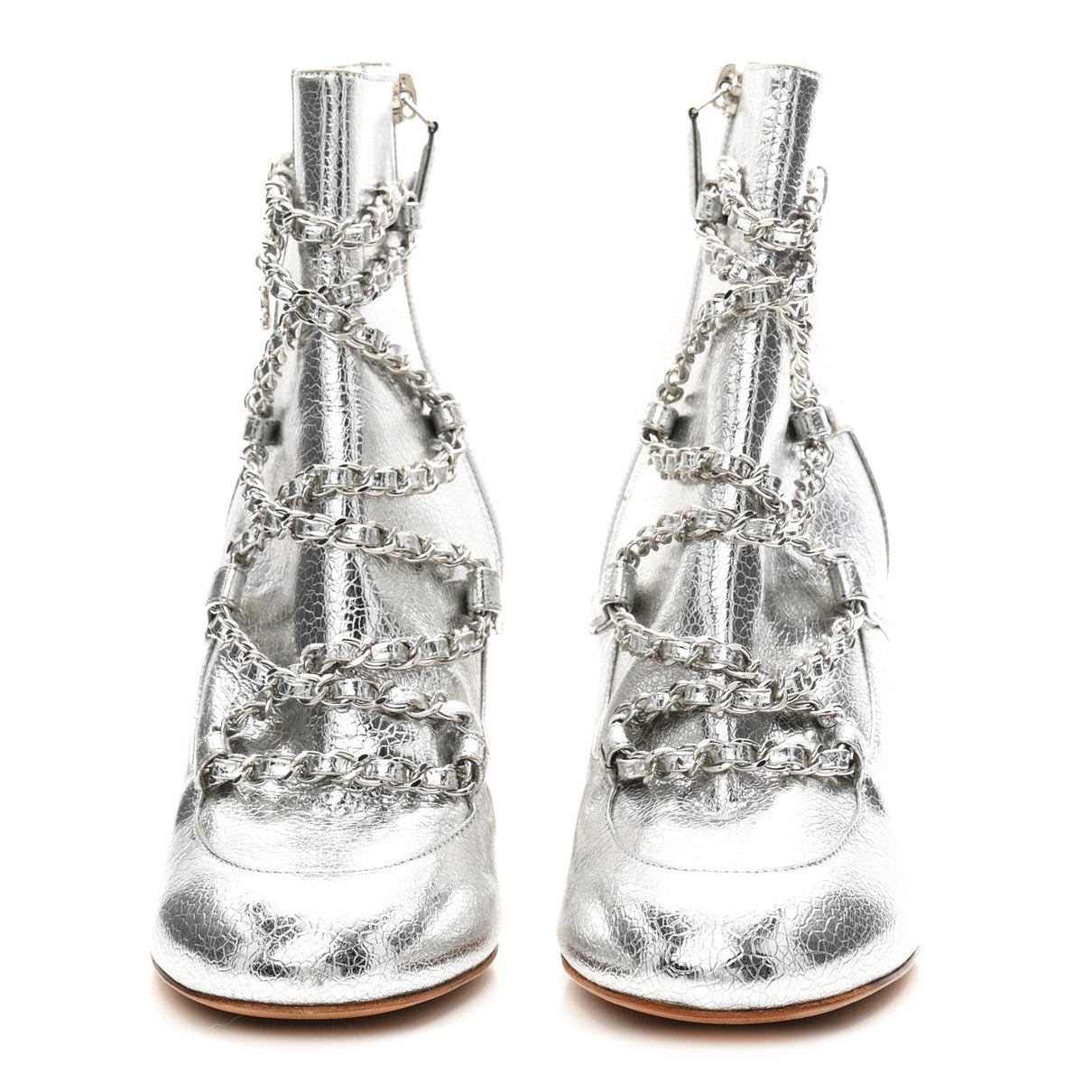 Metallic Crackled Calfskin Chain CC Short Boots 38.5 Silver