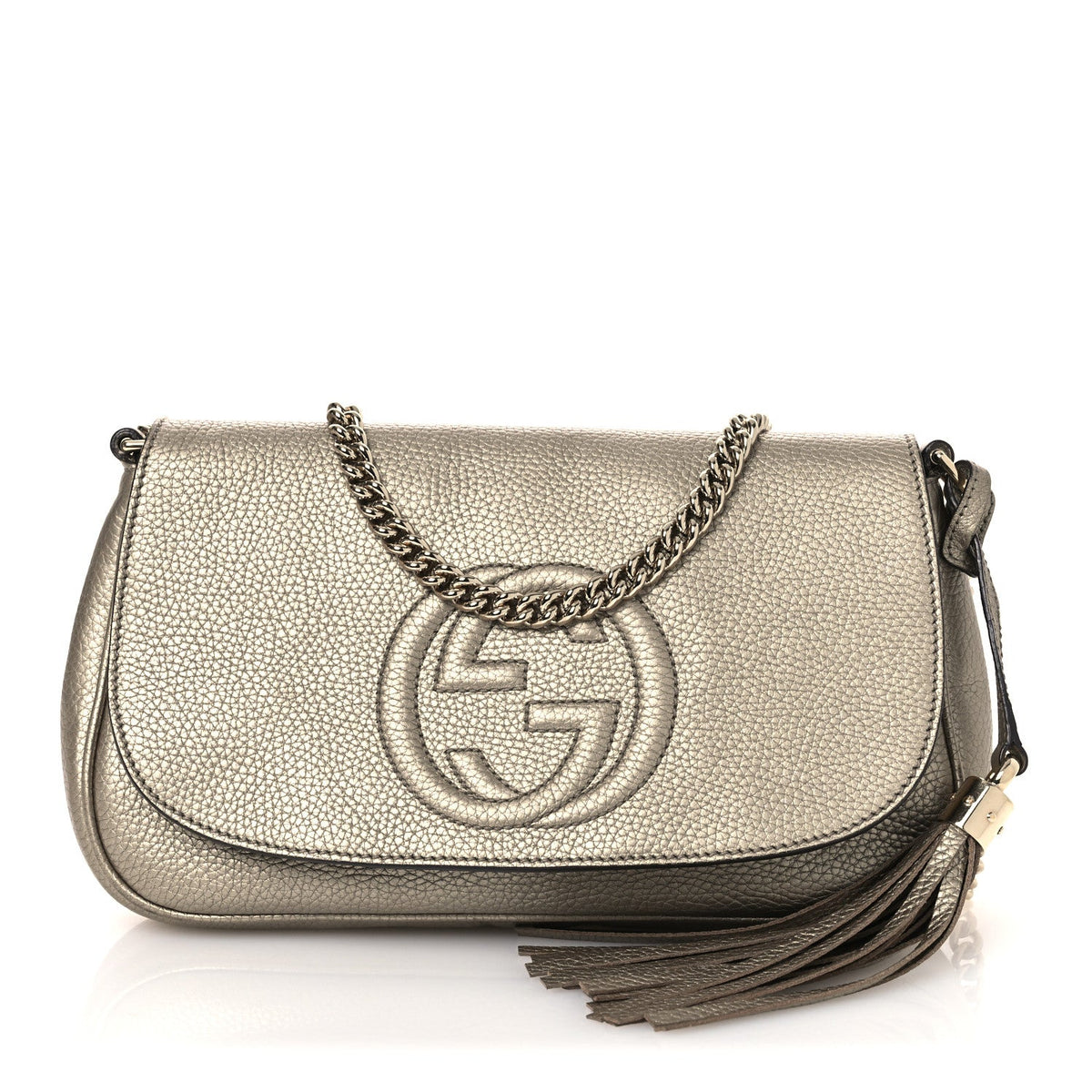 Metallic Pebbled Calfskin Medium Soho Flap Crossbody Golden Beige