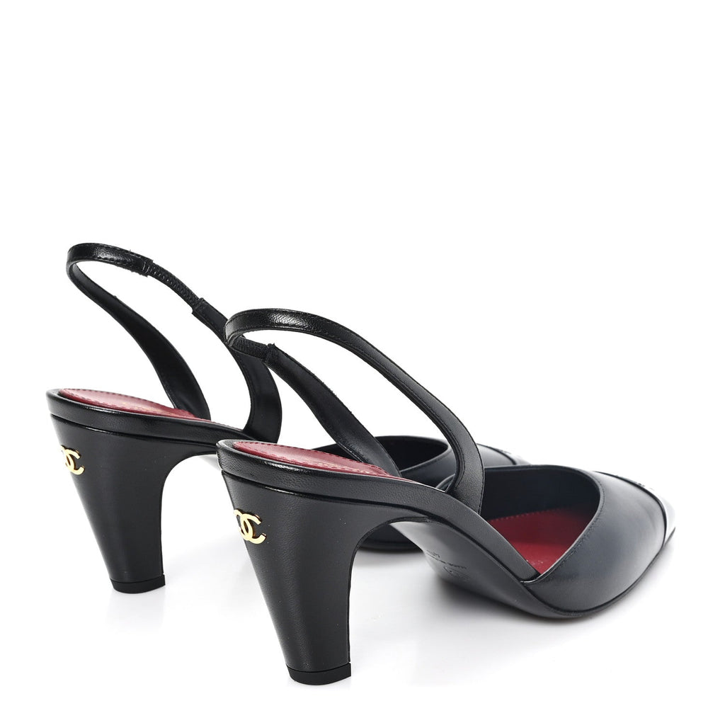 Lambskin Patent Calfskin Cap Toe CC Slingback Pumps 40 Black