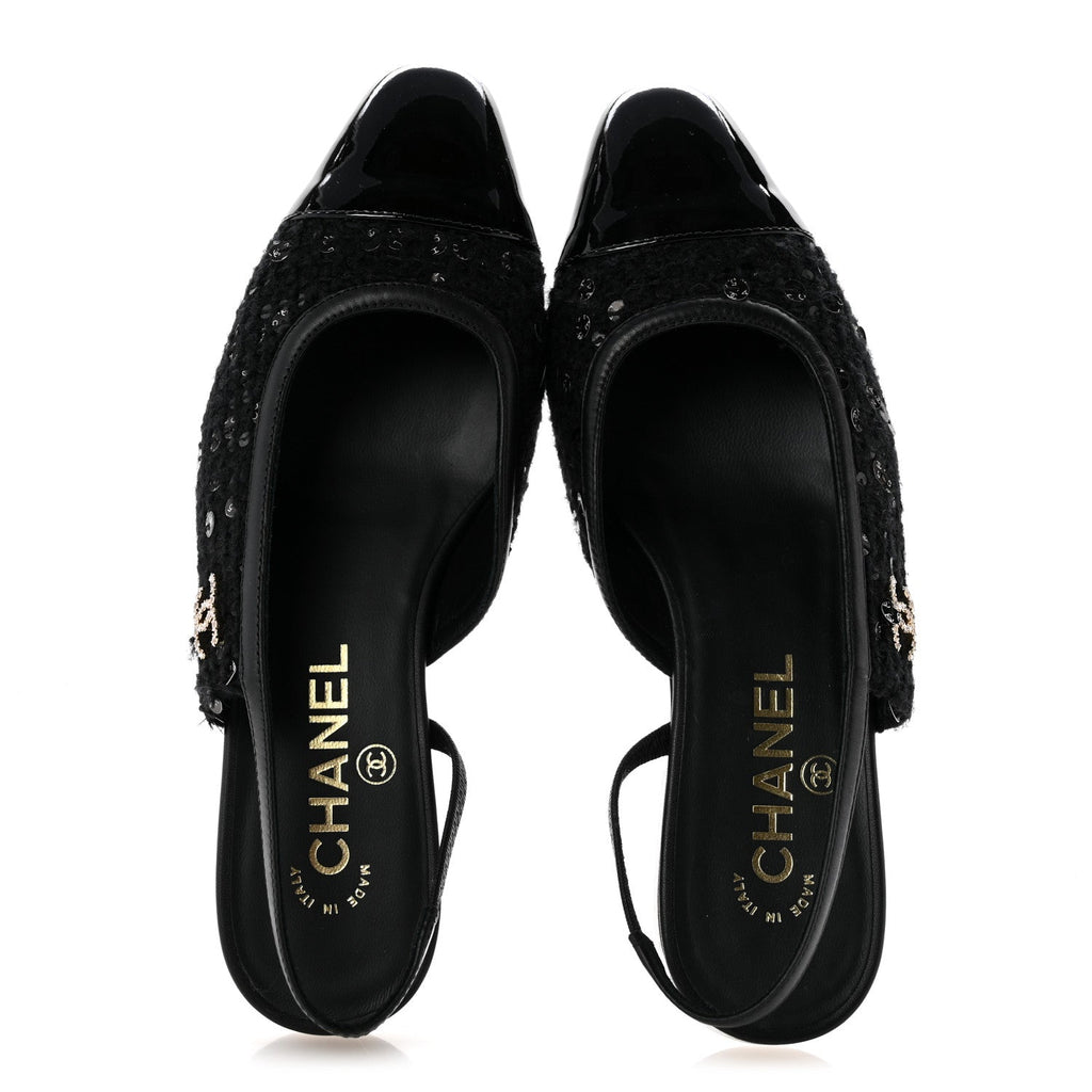 Tweed Patent Calfskin Cap Toe CC Slingback Flats 36 Black
