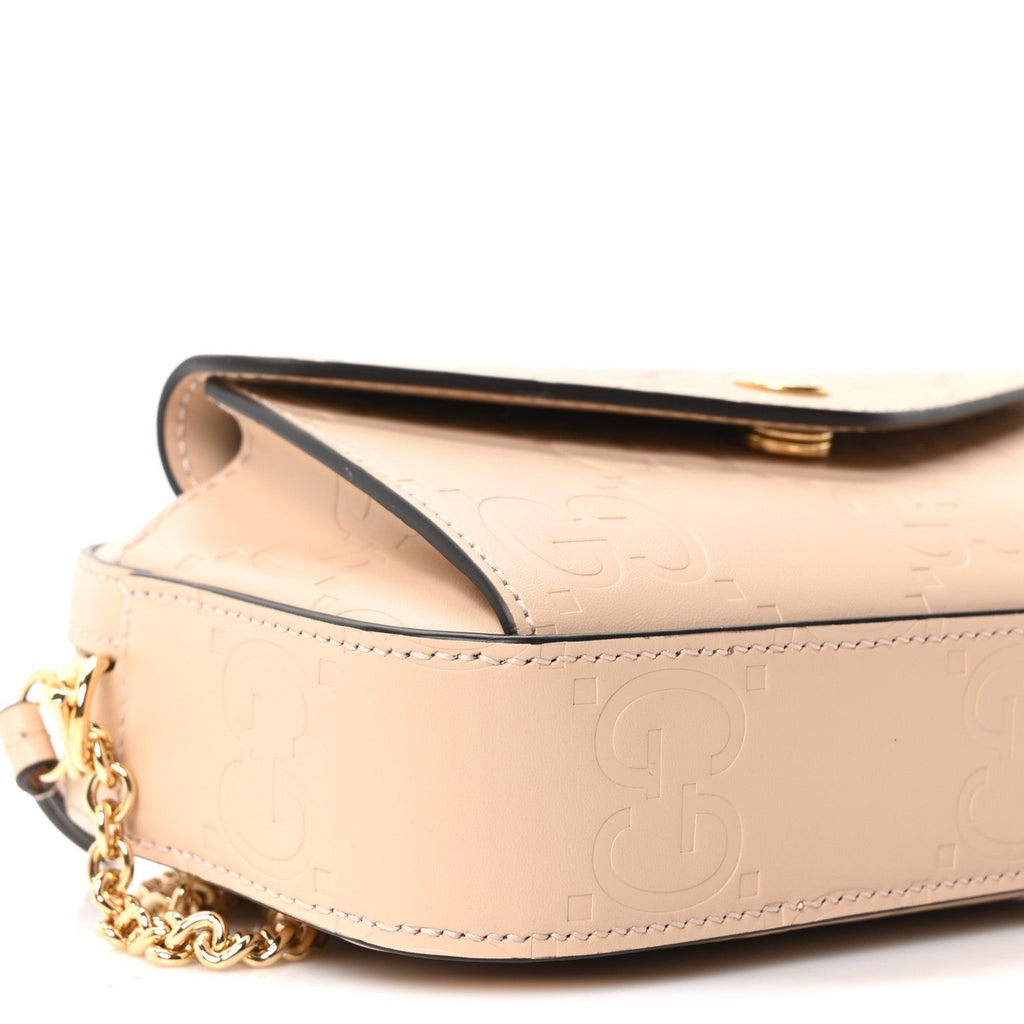 Calfskin GG Super Mini Debossed Chain Wallet Light Beige