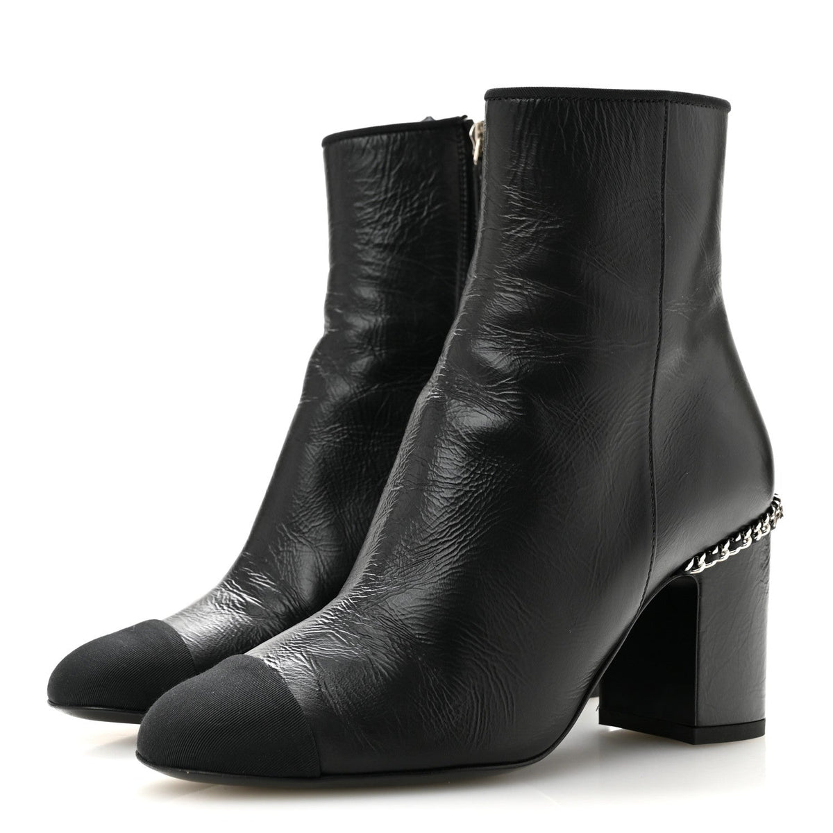 Crumpled Calfskin Cap Toe Chain Short Boots 35 Black