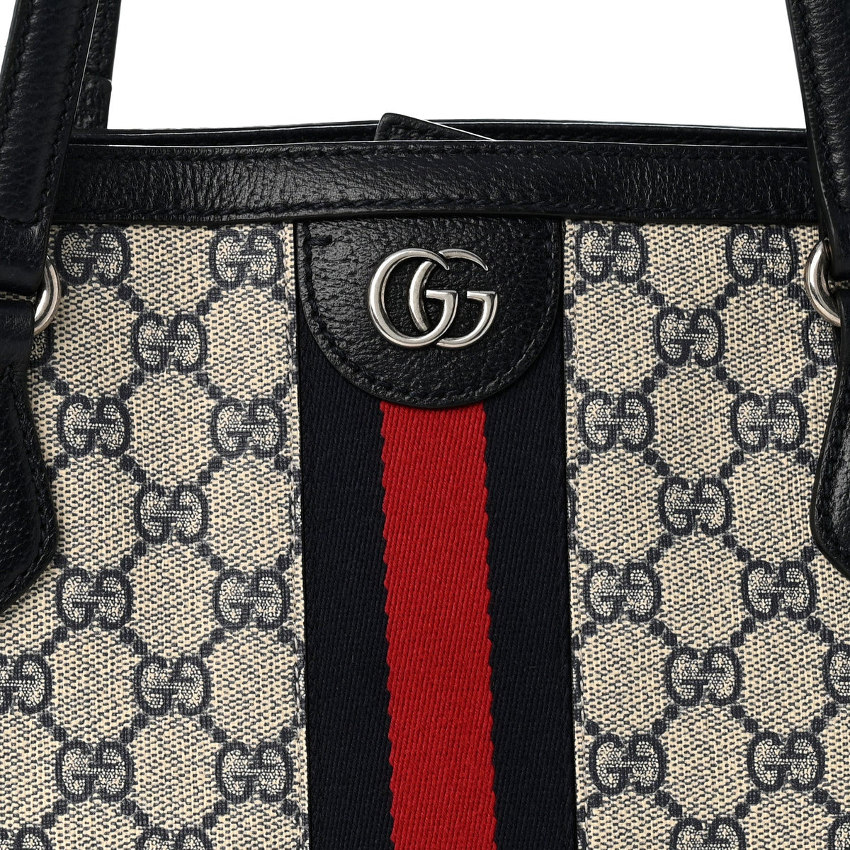 GG Supreme Monogram Textured Calfskin Web Medium Ophidia Shopping Tote Beige Blue
