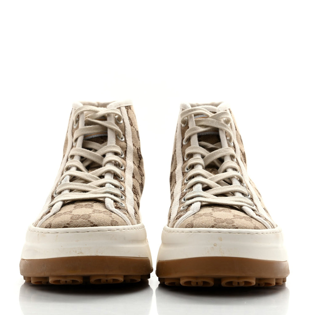 New Canvas GG Monogram Womens Tennis 1977 High Top 55mm Platform Sneakers 38.5 Beige Ebony Mystic White