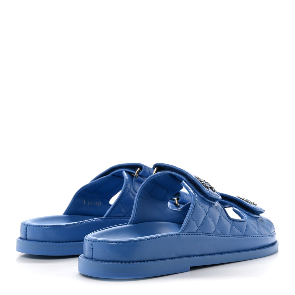 Lambskin Quilted Velcro Dad Chain CC Slide Sandals 39 Blue