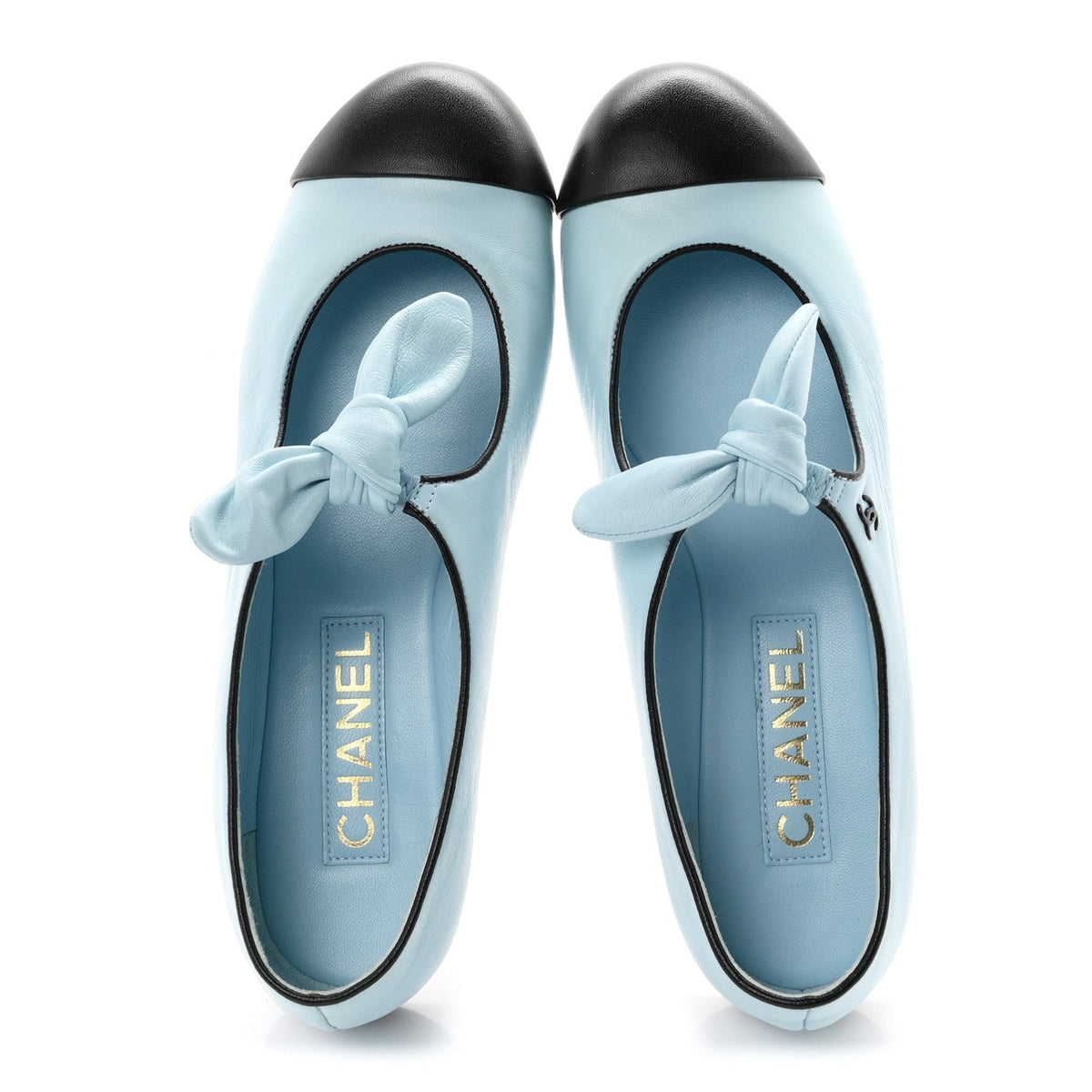 Lambskin Bow Mary Jane Flats 37.5  Light Blue Black