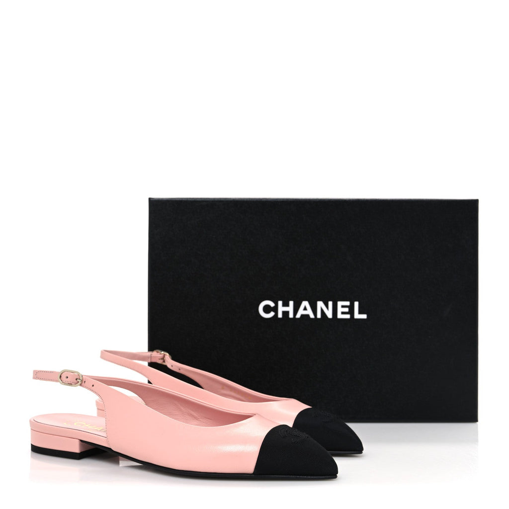 Goatskin Grosgrain Pointed Toe CC Slingback Flats 37 Pink Black