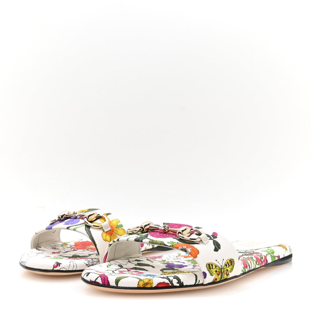 Canvas Flora Print Horsebit Slide Sandals 37 White