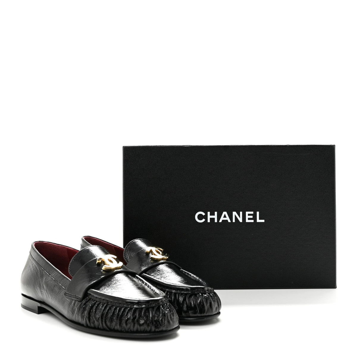 Crumpled Shiny Lambskin CC Mocassin Loafers 38.5 Black