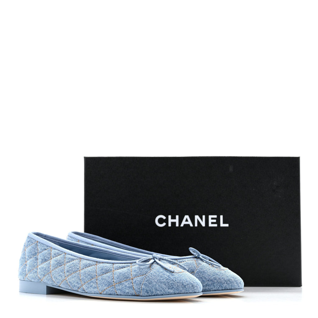 Denim Quilted CC Cap Toe Ballerina Flats 38.5 Light Blue