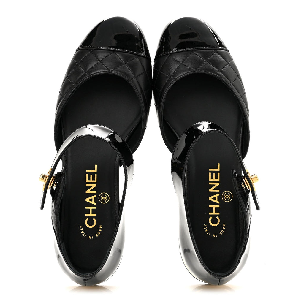 Patent Lambskin Quilted Cap Toe Ballerina Flats 36 Black