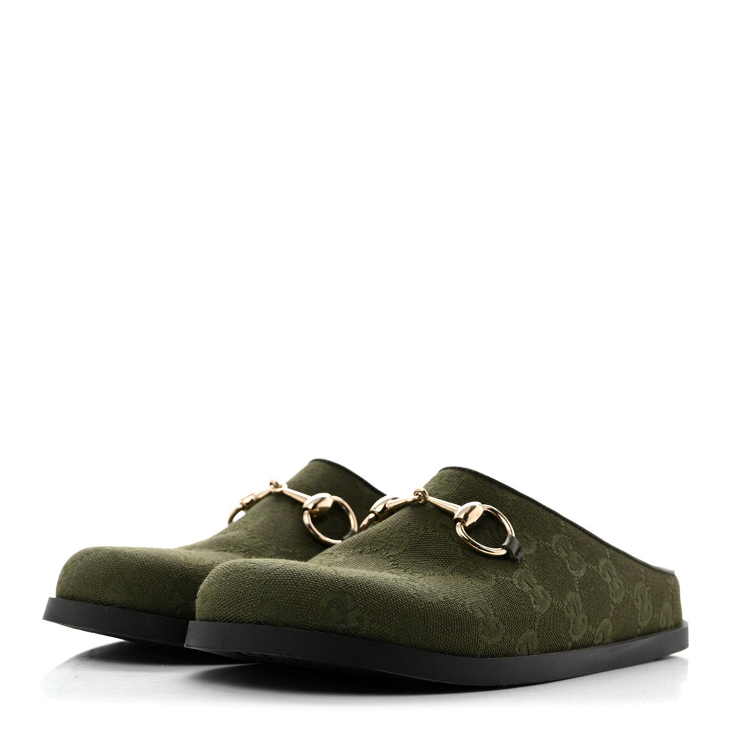 New Canvas Monogram GG Granada Kid Womens Horsebit Mules 35.5 Green