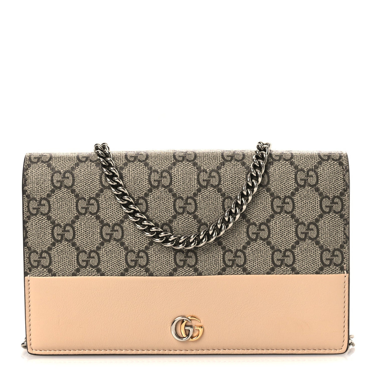 GG Supreme Monogram Textured Dollar Calfskin Mini GG Marmont Chain Wallet Souffle Rose