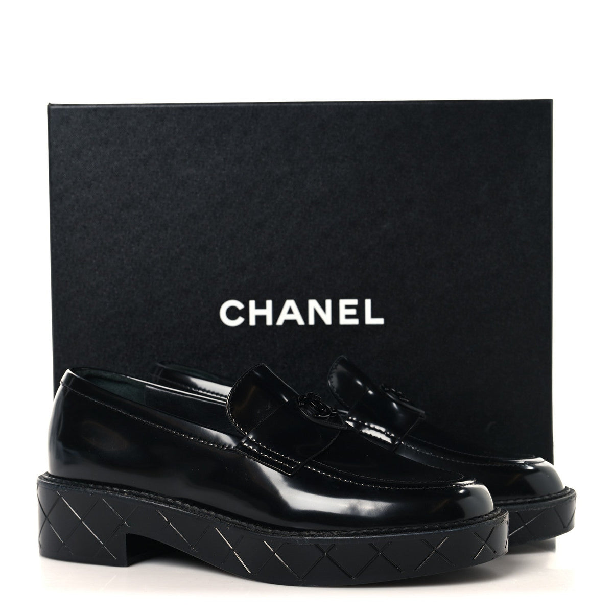 Shiny Calfskin Quilted CC Mocassin Loafers 37 Black